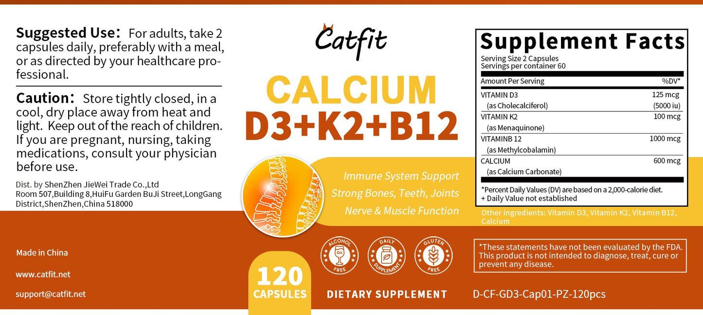 Catfit Calcium & Vitamin D3+K2+B12 Capsules Supports immune system, teeth, joints, heart health, Enhances calcium absorption & bone strength, Boosts mood, energy, & muscle function