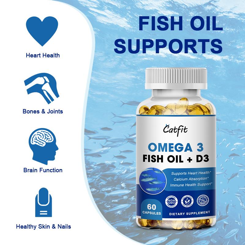 Catfit Omega3 Fish Oil Capsules EPA&DHA Support Heart Blood Vessels Vitamin D3 Supplement 120 Capsules