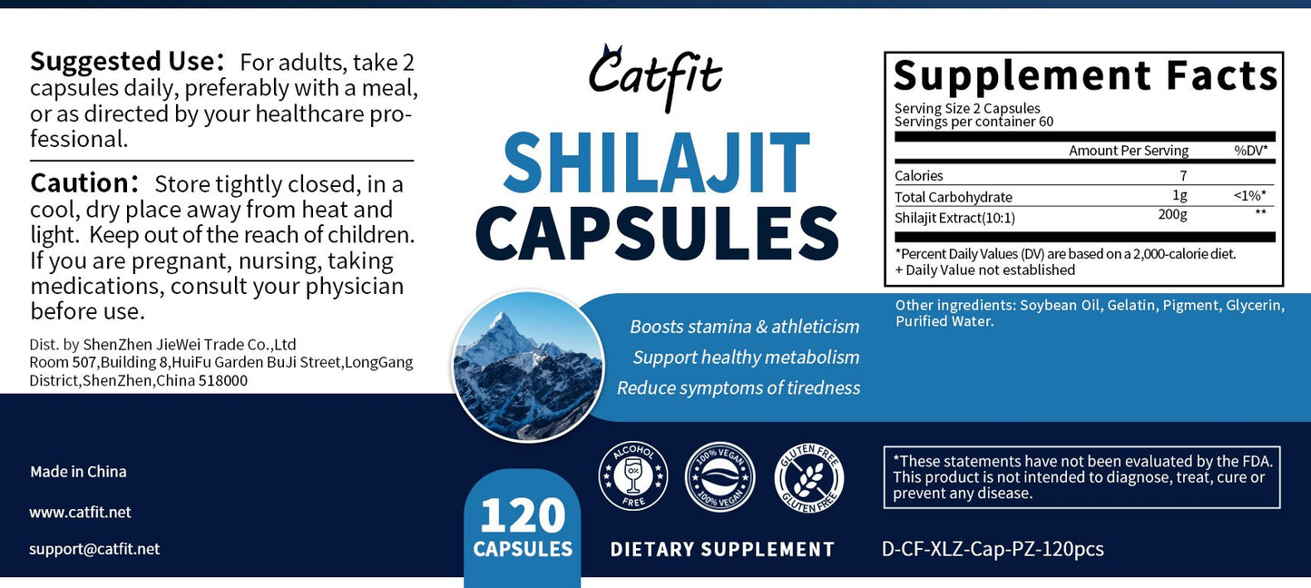 Catfit Shilajit Capsules rich in fulvic & trace minerals, enhances energy & immunity, boosts stamina & athleticism, supports healthy metabolism, reduces fatigue symptoms
