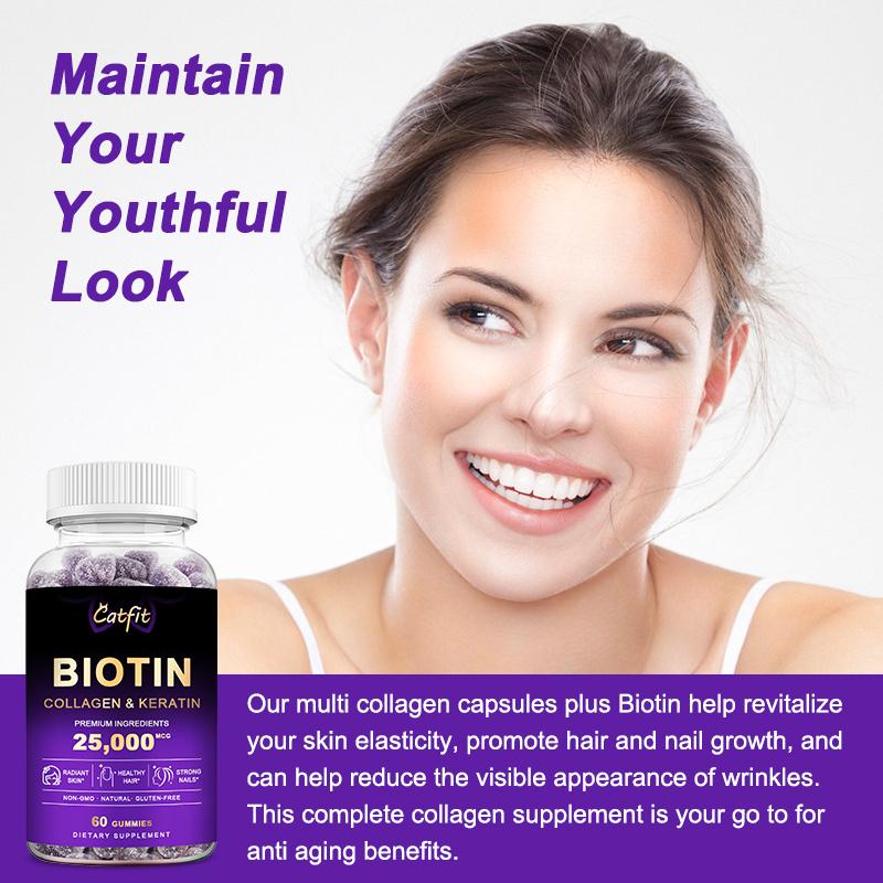 Catfit Biotin Collagen Gummies 25000mcg Blueberry Flavor for Hair Nails and Skin,Joint and Gut Support, Anti Aging