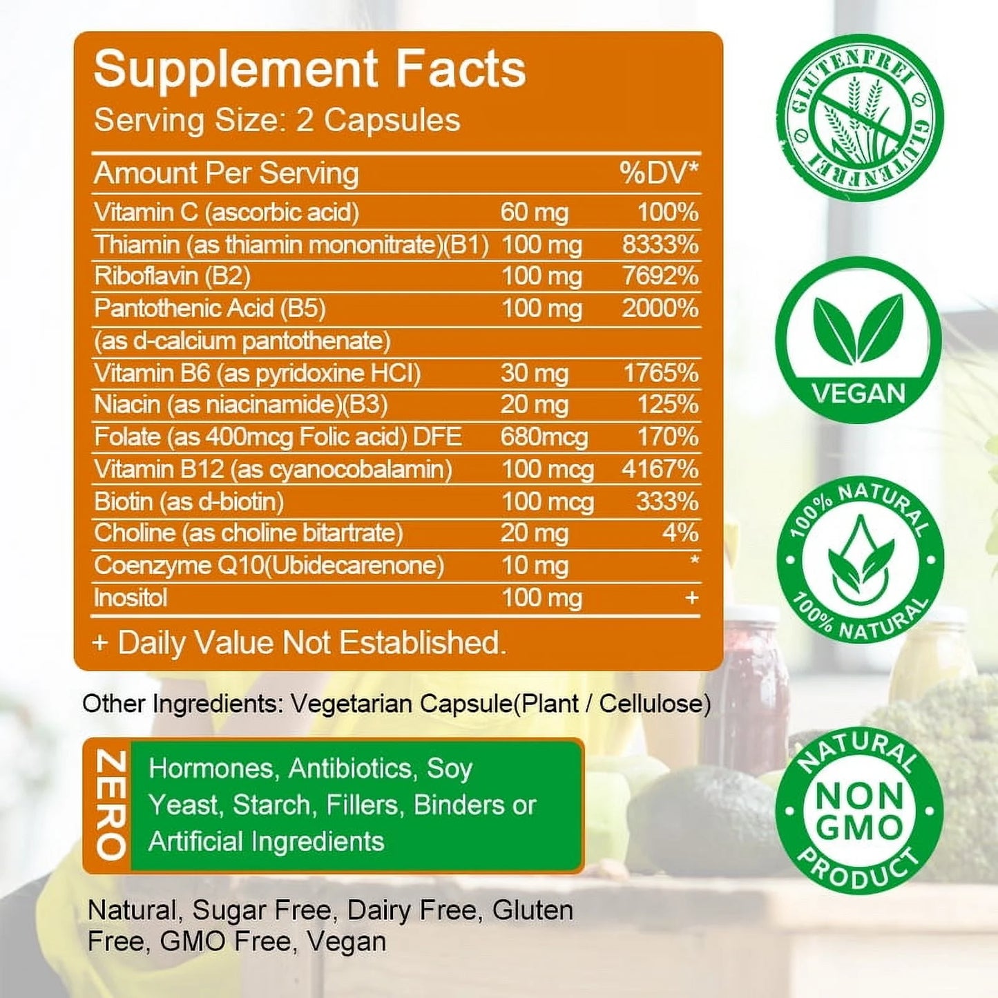 Vitamin B Complex Capsules, with Vitamin B1, B2, B3, B6, Biotin (B7), Folic Acid (B9), B12 Dietary Supplement- 240 Capsules (2 Pack)