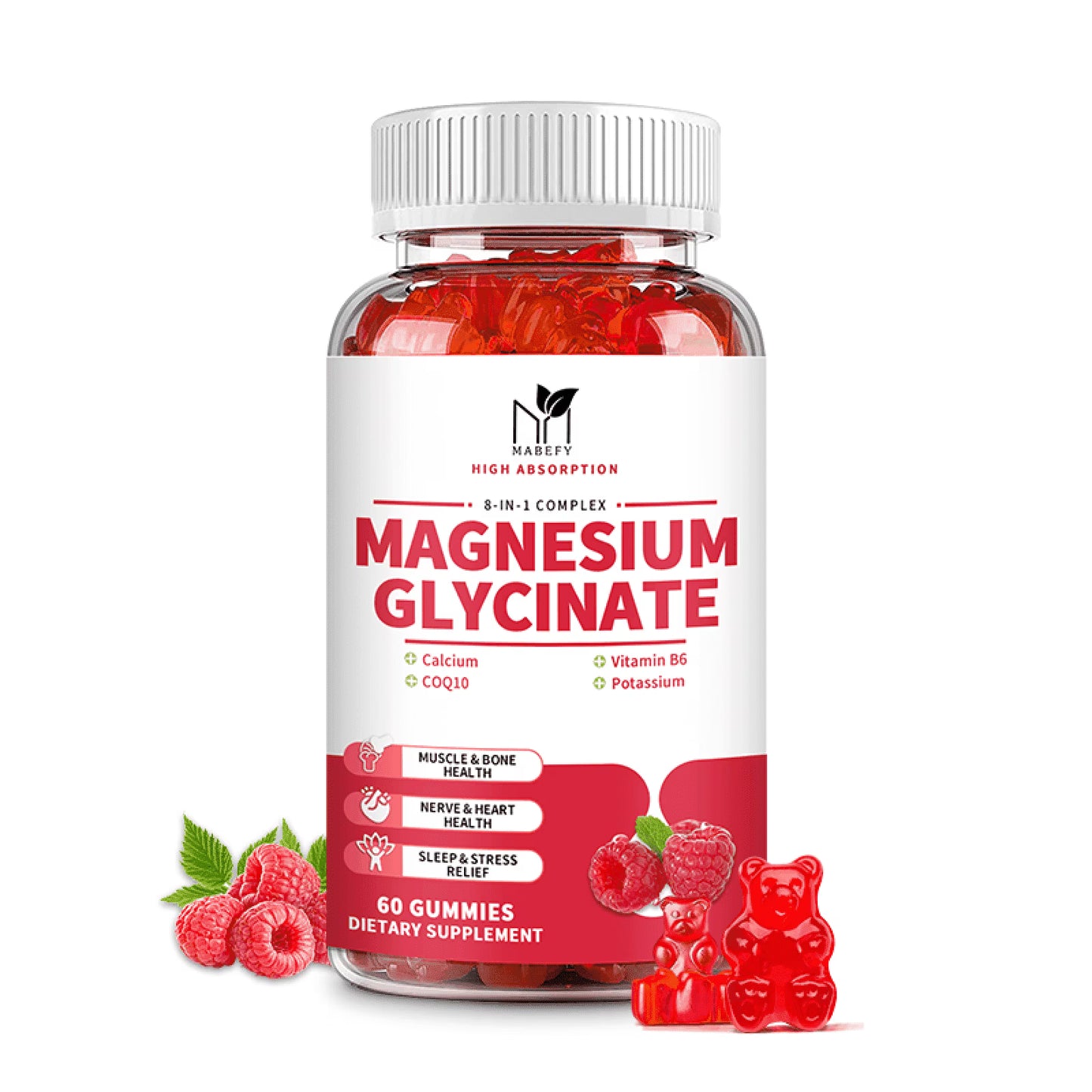 MABEF Magnesium Glycinate Gummies, High Absorption Magnesium Oxide with Calcium Vitamin B6 COQ10 for Muscle & Joint Health- 60 ct