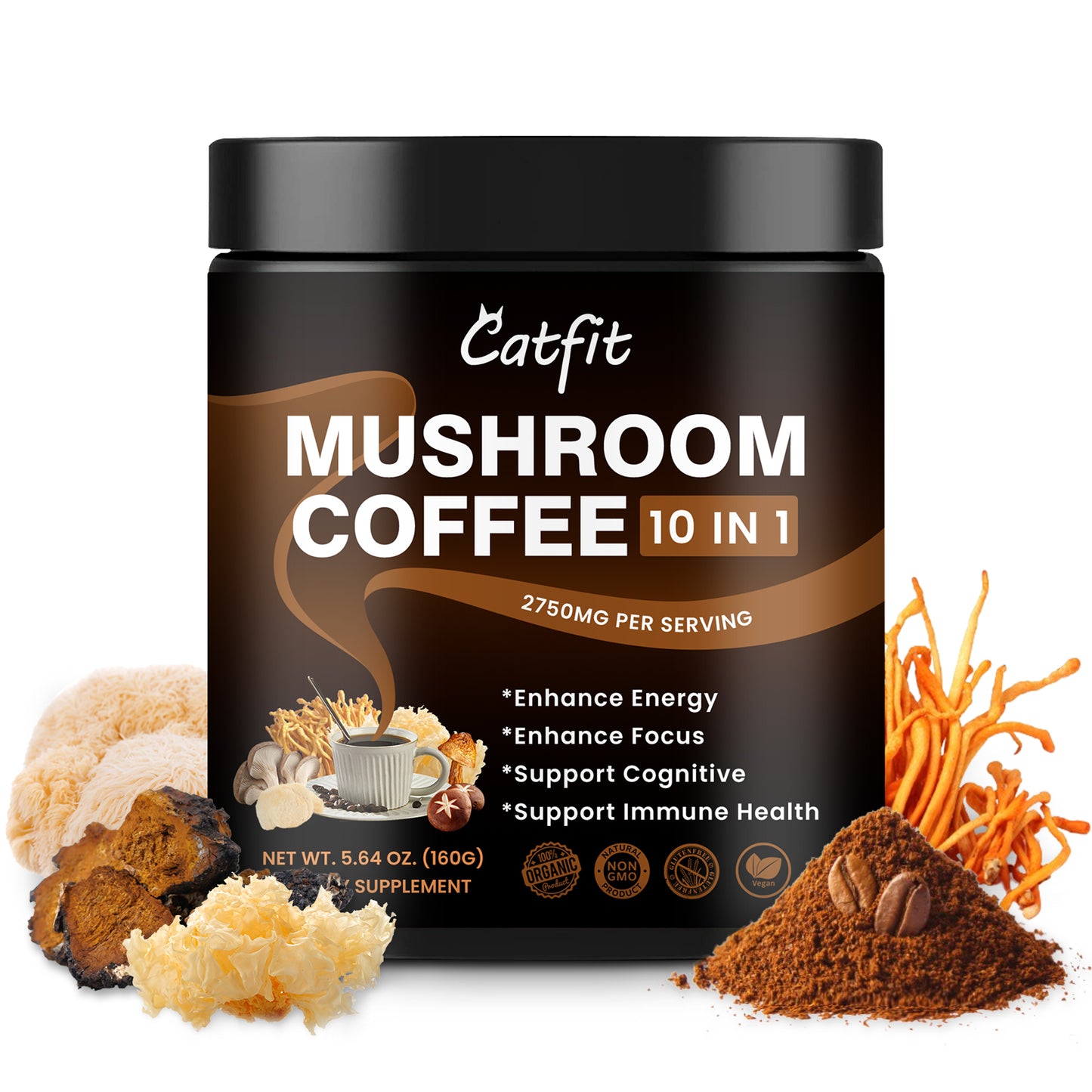 Mushroom Coffee Alternative Mix 2500mg 10-in-1,Supports Memory Cognition, Clarity lmprove Mood & Enhance Focus Brain and lmmune Supplements - Instant Mushroom Coffee Powder