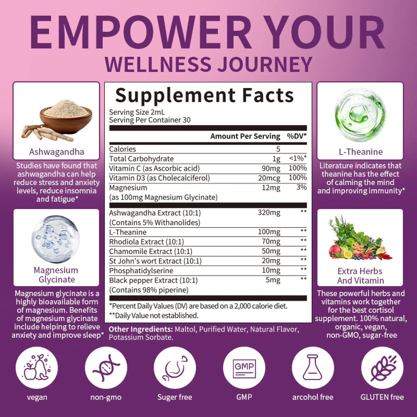 Cortisol Health Liquid Drops, Hormone Balance & Cortisol Manager, with Magnesium, Ashwagandha, L-theanine, Support Relaxation & Sleep, 2 fl oz