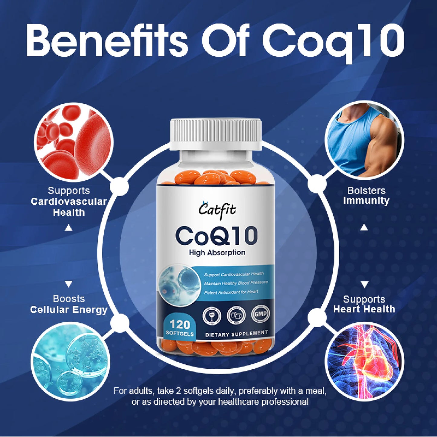 Catfit CoQ10 200mg Capsules | Premium Coenzyme Q10 Softgels High Absorption - Vegetarian 120CT