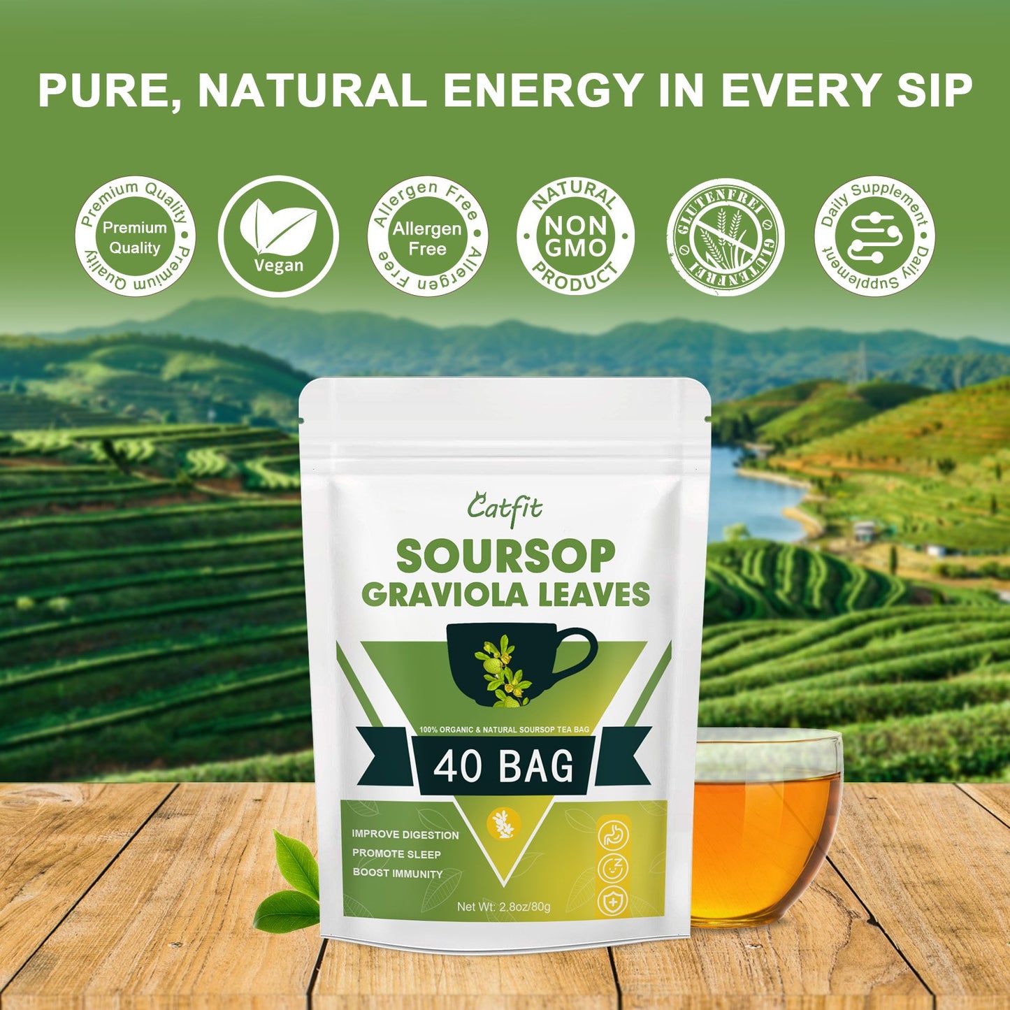 Soursop Graviola Leaf Tea Bags, 100% Natural Soursop Leaves for Improve Digestion, Support Healthy Skin & Sleep, Rich in Potent Anti-Oxidants, Non-GMO, Caffeine-free, 40 Tea Bags