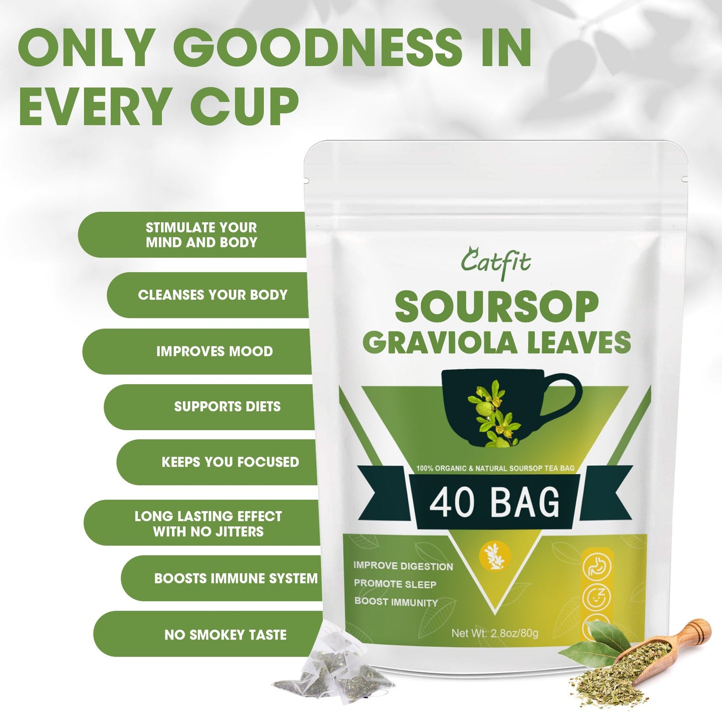 Soursop Graviola Leaf Tea Bags, 100% Natural Soursop Leaves for Improve Digestion, Support Healthy Skin & Sleep, Rich in Potent Anti-Oxidants, Non-GMO, Caffeine-free, 40 Tea Bags