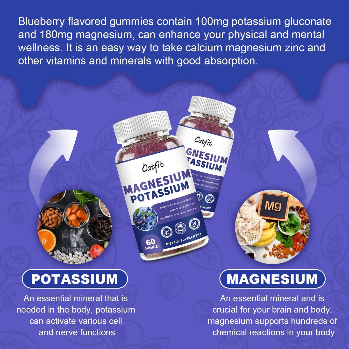 2 Packs Calcium Magnesium Potassium Complex Supplement Zinc Gummies Blueberry Flavor