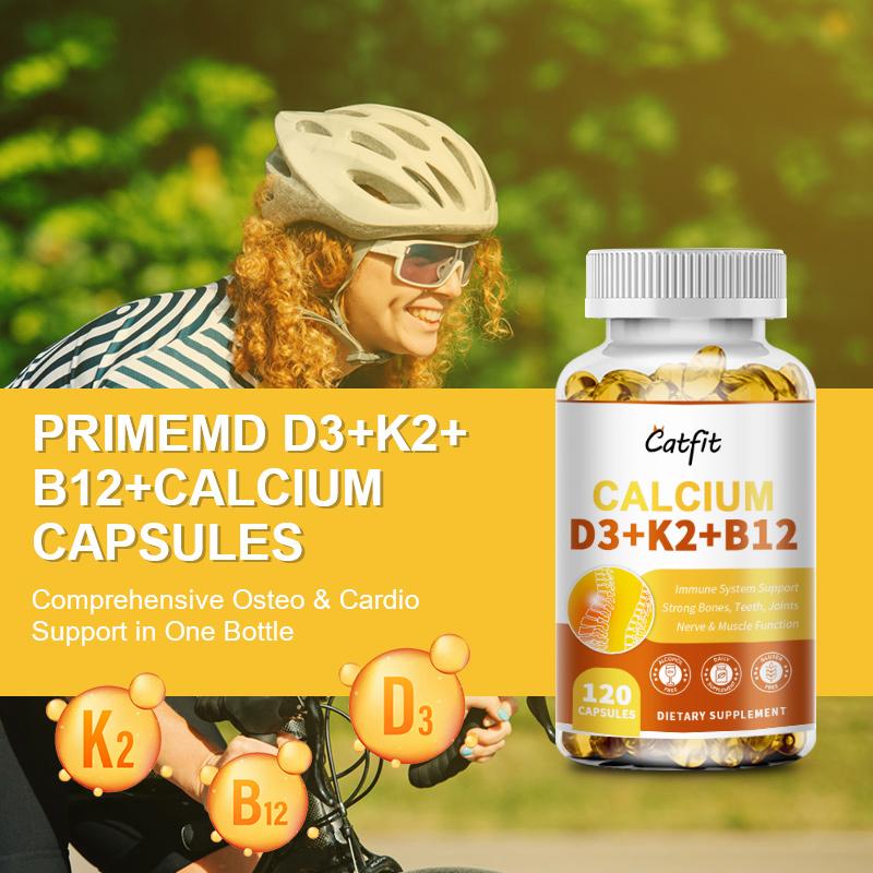 Catfit Calcium & Vitamin D3+K2+B12 Capsules Supports immune system, teeth, joints, heart health, Enhances calcium absorption & bone strength, Boosts mood, energy, & muscle function