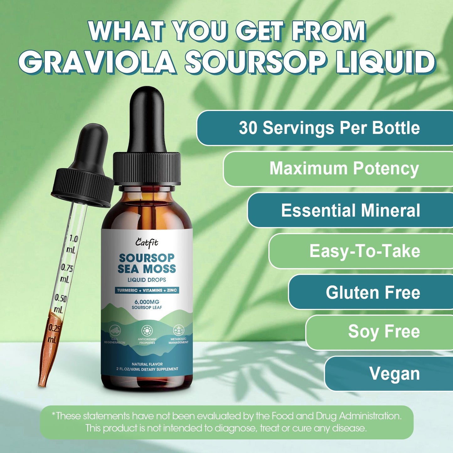 Soursop Graviola Liquid Drop, Soursop Leaves Extract with Sea Moss & Turmeric, Soursop Bitters Liquid for Cell Support & Regeneration, Liver, Relax, Immune and Antioxidant Support, 2 Fl Oz