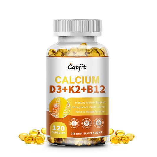 Catfit Calcium & Vitamin D3+K2+B12 Capsules Supports immune system, teeth, joints, heart health, Enhances calcium absorption & bone strength, Boosts mood, energy, & muscle function