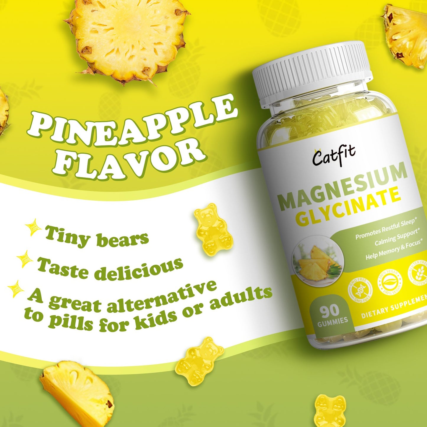 Catfit Sugar Free Magnesium Gummies for Adults & Kids with Vitamin Pineapple Flavor