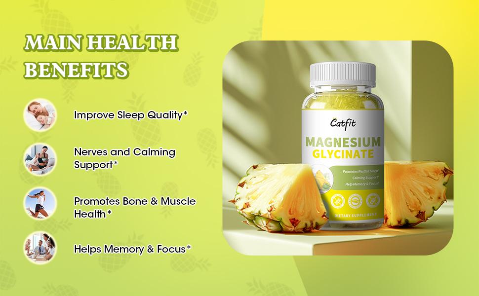 Catfit Sugar Free Magnesium Gummies for Adults & Kids with Vitamin Pineapple Flavor