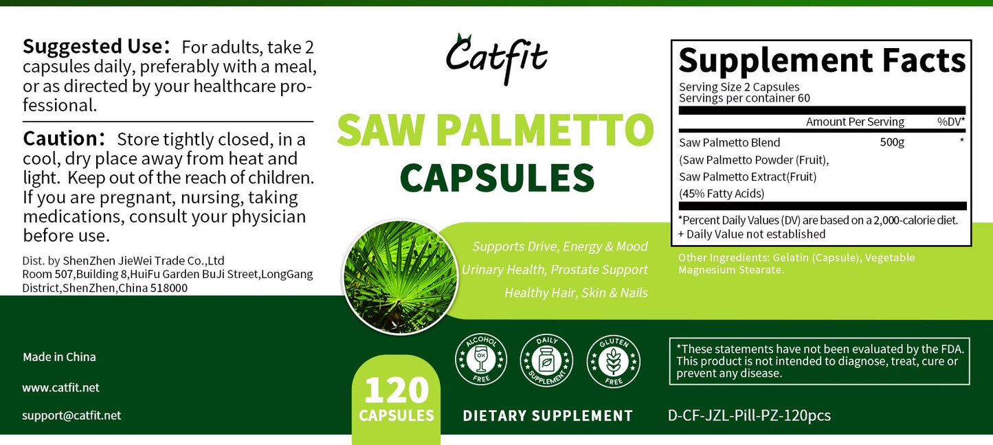 Catfit Saw Palmetto Hard Capsules Supports Drive, Energy & Mood, Urinary Health, Prostate Support, Healthy Hair, Skin & Nails. DHT Blocker, Active Male Health Supplement