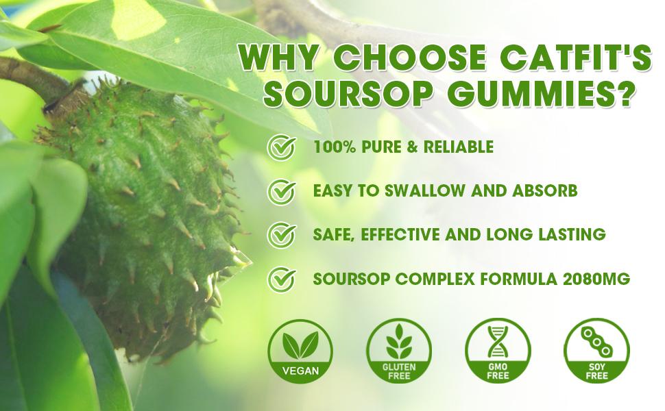 Soursop Graviola Gummies, Soursop Leaves Extract Herbs for Immune Boost, Antioxidant and Overall Health Support, Soursop Fruit, High-Absorption, Gluten Free, Vegan, 60 Gummies