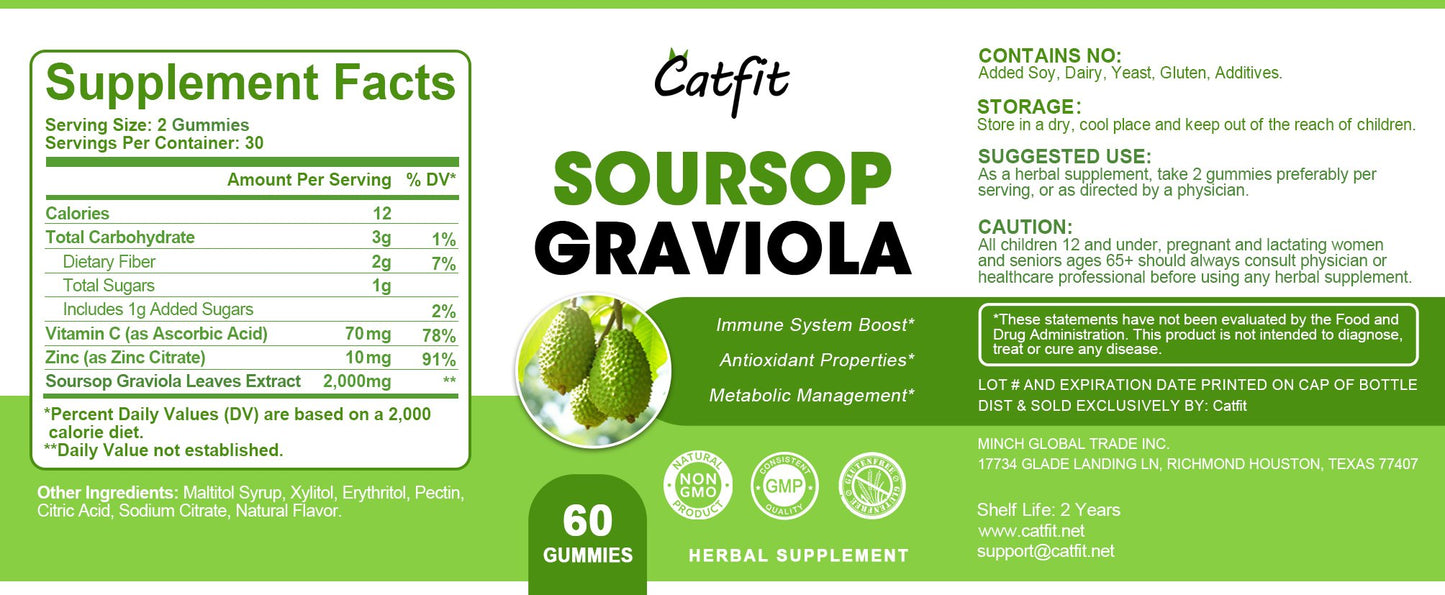 Soursop Graviola Gummies, Soursop Leaves Extract Herbs for Immune Boost, Antioxidant and Overall Health Support, Soursop Fruit, High-Absorption, Gluten Free, Vegan, 60 Gummies