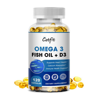 Catfit Omega3 Fish Oil Capsules EPA&DHA Support Heart Blood Vessels Vitamin D3 Supplement 120 Capsules