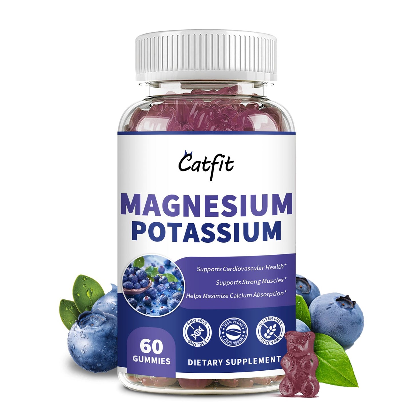 2 Packs Calcium Magnesium Potassium Complex Supplement Zinc Gummies Blueberry Flavor