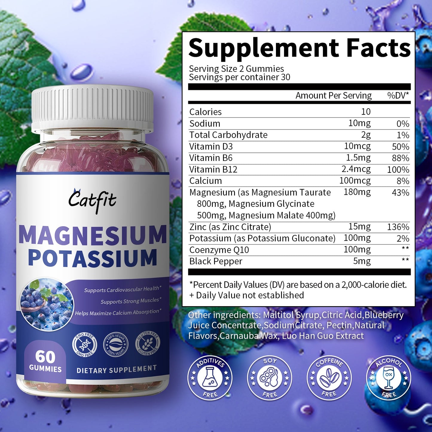 2 Packs Calcium Magnesium Potassium Complex Supplement Zinc Gummies Blueberry Flavor