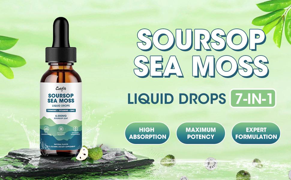 Soursop Graviola Liquid Drop, Soursop Leaves Extract with Sea Moss & Turmeric, Soursop Bitters Liquid for Cell Support & Regeneration, Liver, Relax, Immune and Antioxidant Support, 2 Fl Oz