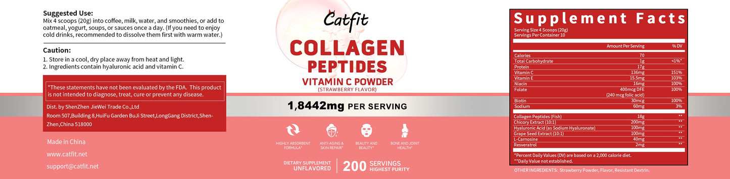 Catfit Collagen Peptides Vitamin C Powder Dietary Supplement Strawberry Flavor