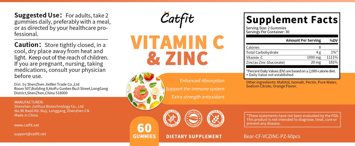 Catfit Vitamin C & Zinc Gummies for Adults & Teens - Immune Support Gummies - Immune Booster - Vegan, Gelatin Free, Gluten Free, GMO Free - Tasty Vitamin C Chewable Orange Flavored