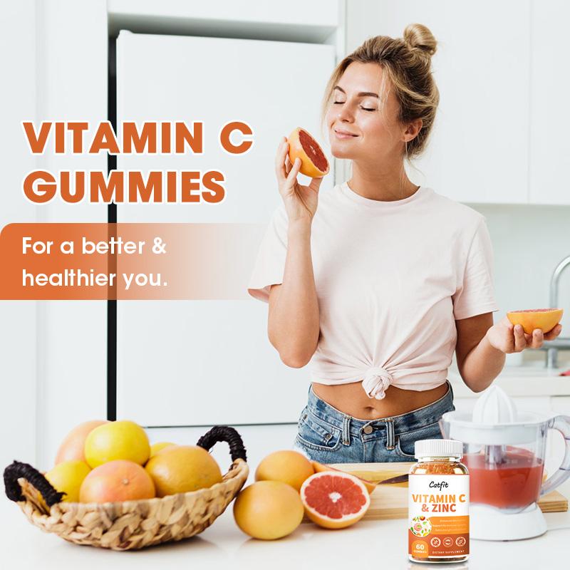 Catfit Vitamin C & Zinc Gummies for Adults & Teens - Immune Support Gummies - Immune Booster - Vegan, Gelatin Free, Gluten Free, GMO Free - Tasty Vitamin C Chewable Orange Flavored