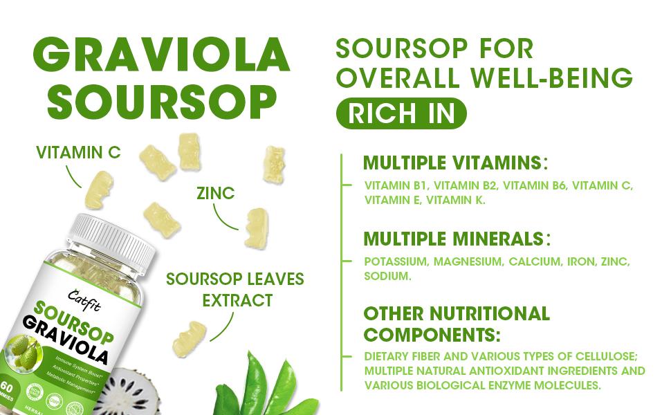 Soursop Graviola Gummies, Soursop Leaves Extract Herbs for Immune Boost, Antioxidant and Overall Health Support, Soursop Fruit, High-Absorption, Gluten Free, Vegan, 60 Gummies