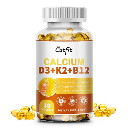 Catfit Calcium & Vitamin D3+K2+B12 Capsules Supports immune system, teeth, joints, heart health, Enhances calcium absorption & bone strength, Boosts mood, energy, & muscle function