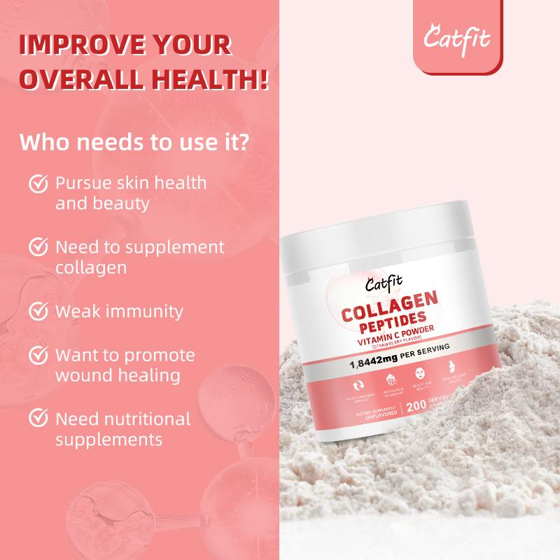 Catfit Collagen Peptides Vitamin C Powder Dietary Supplement Strawberry Flavor