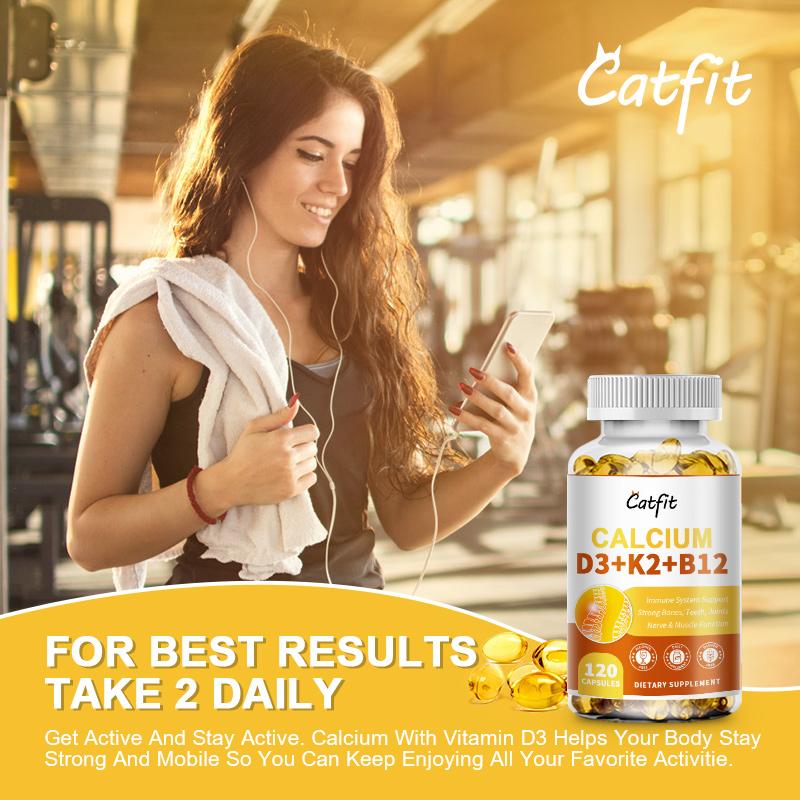 Catfit Calcium & Vitamin D3+K2+B12 Capsules Supports immune system, teeth, joints, heart health, Enhances calcium absorption & bone strength, Boosts mood, energy, & muscle function