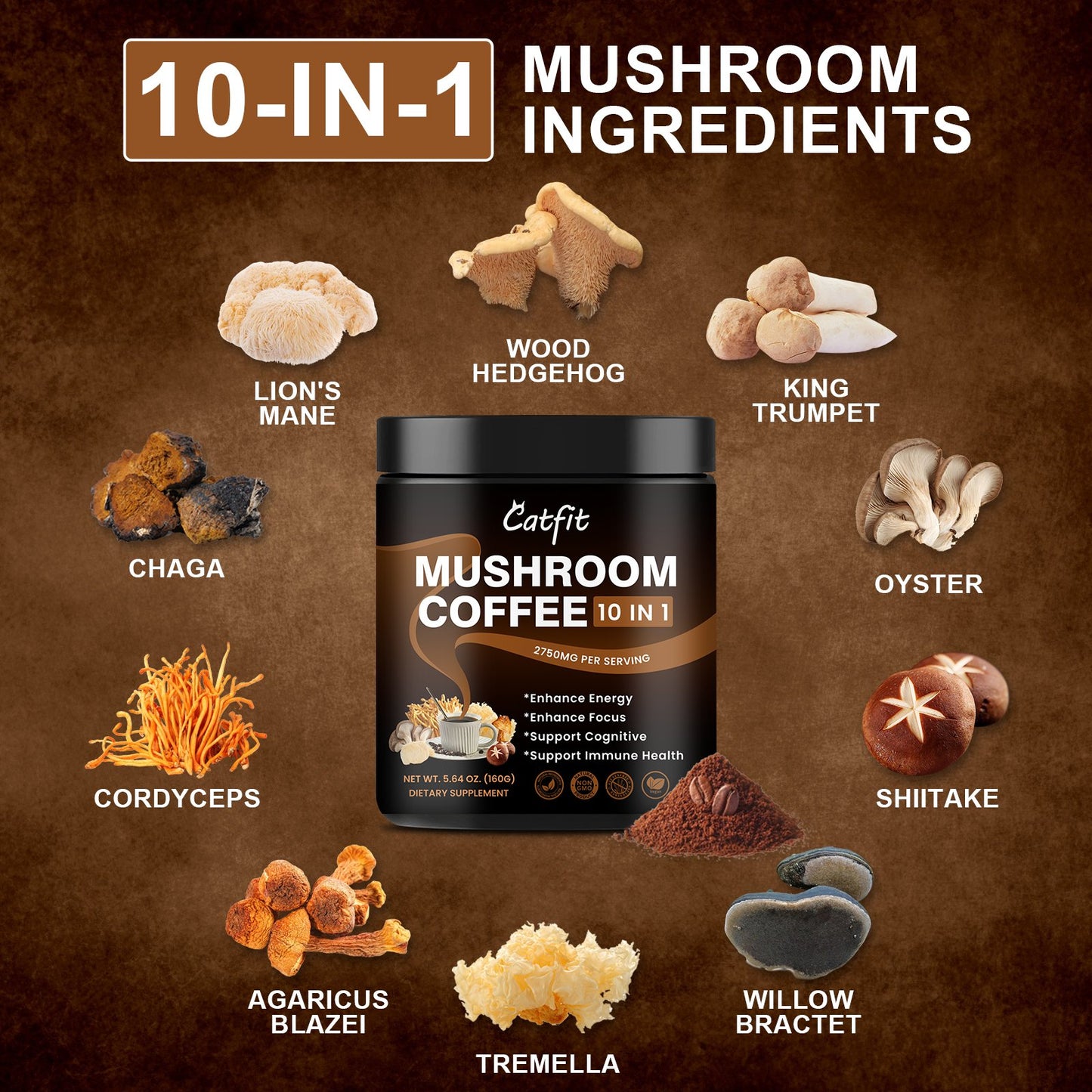 Mushroom Coffee Alternative Mix 2500mg 10-in-1,Supports Memory Cognition, Clarity lmprove Mood & Enhance Focus Brain and lmmune Supplements - Instant Mushroom Coffee Powder