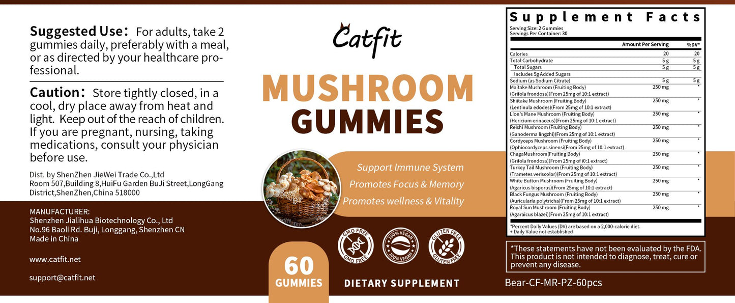 Catfit Mushroom Gummies Support immune System, Promotes wellness & Vitality, Improve Memory & Clarity, Remove the Fog, Calm Mood & Relaxation, Increase Focus & Concentration