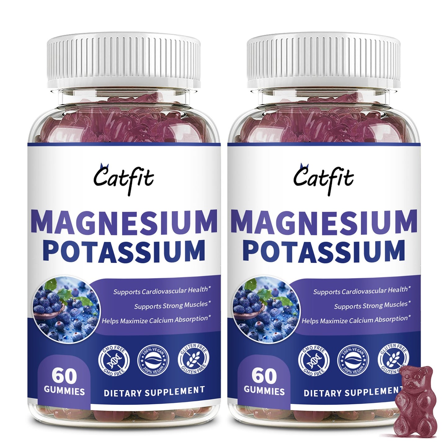 2 Packs Calcium Magnesium Potassium Complex Supplement Zinc Gummies Blueberry Flavor