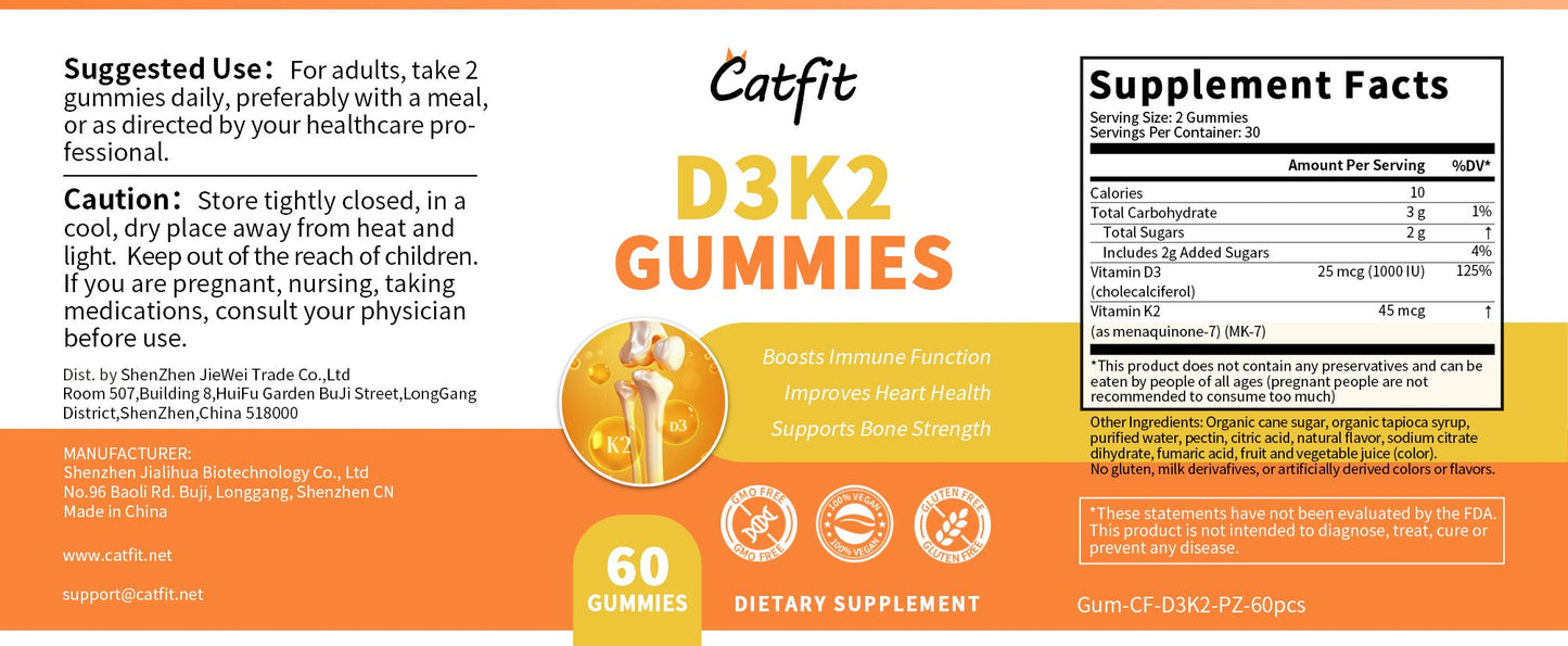 Catfit Vitamin D3 K2 Gummies Supports Healthy Bone, Heart & Calcium Absorption, & Immune Health High-Absorption, Vegan, Gluten-Free Chewable Gummies for Adults & Kids