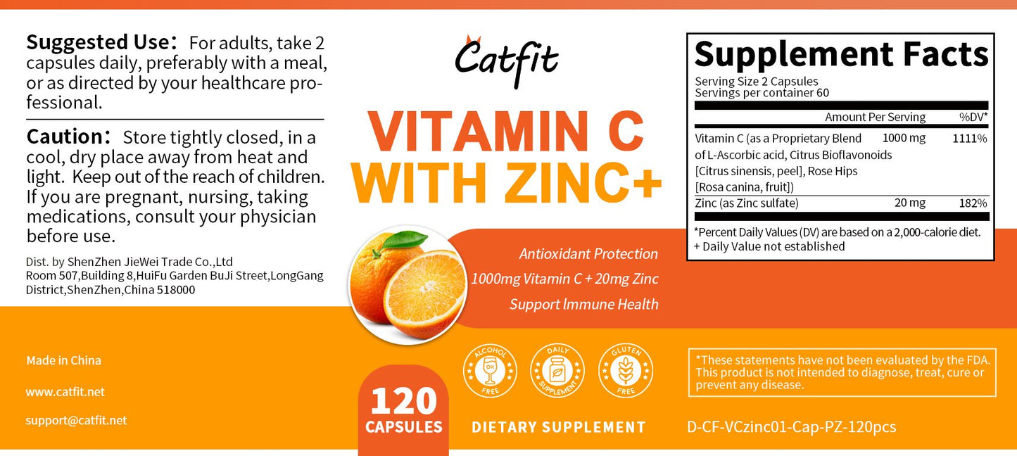 Catfit VitaminC With Zinc Capsules Antioxidant Protection, Supports Immune Health, Boosts Cellular Energy & Defense, Collagen Production & Skin Health, Reduces Aging Effects