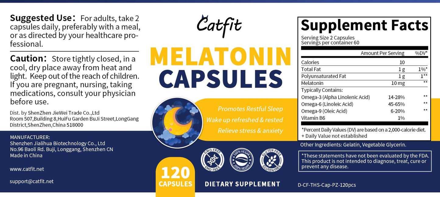 Catfit Melatonin capsules natural relaxant, relieve stress & anxiety, promotes restful sleep, improve sleep quality, relieve symptoms of insomnia