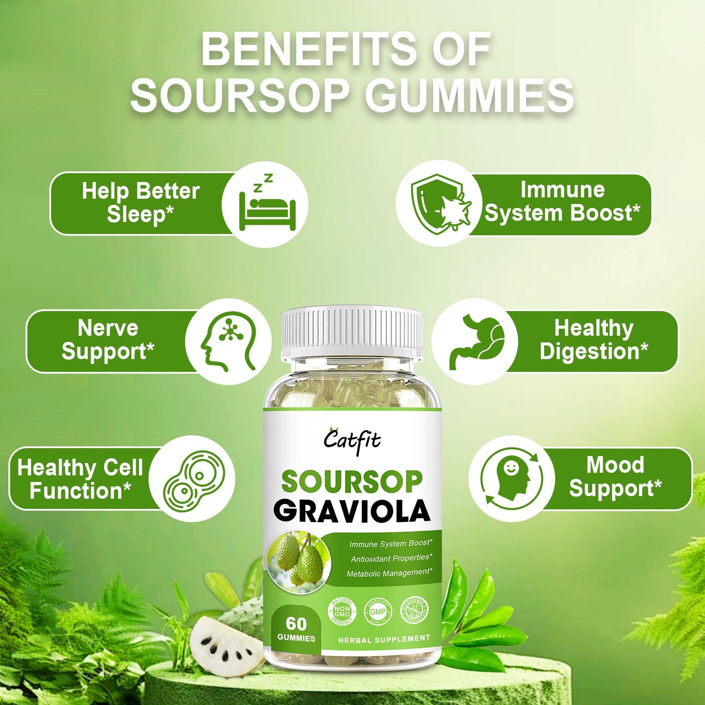 Soursop Graviola Gummies, Soursop Leaves Extract Herbs for Immune Boost, Antioxidant and Overall Health Support, Soursop Fruit, High-Absorption, Gluten Free, Vegan, 60 Gummies