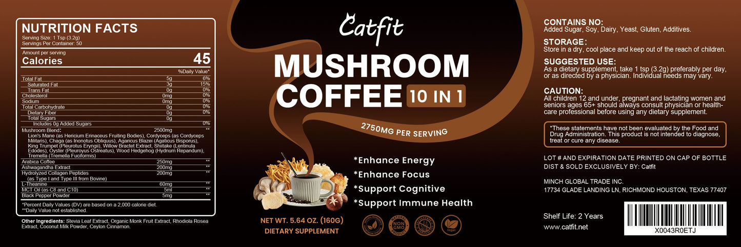 Mushroom Coffee Alternative Mix 2500mg 10-in-1,Supports Memory Cognition, Clarity lmprove Mood & Enhance Focus Brain and lmmune Supplements - Instant Mushroom Coffee Powder