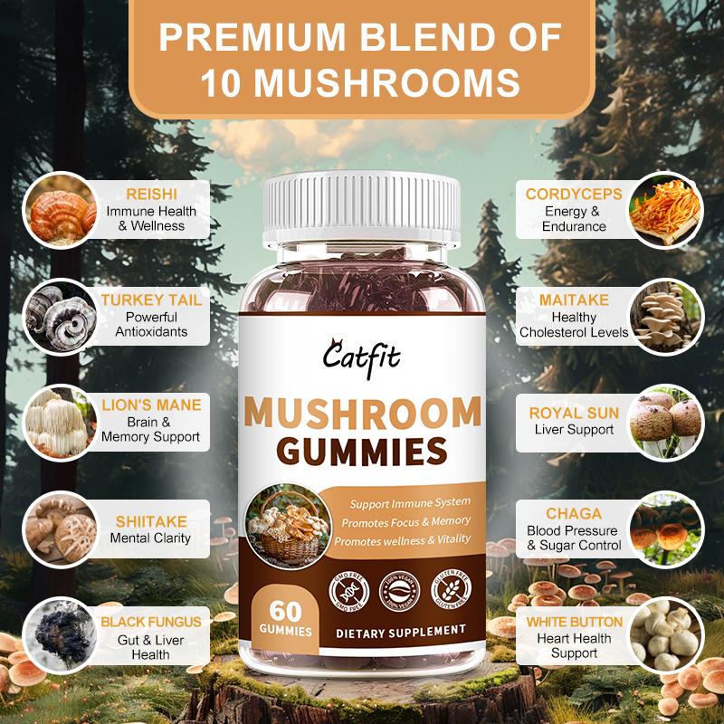 Catfit Mushroom Gummies Support immune System, Promotes wellness & Vitality, Improve Memory & Clarity, Remove the Fog, Calm Mood & Relaxation, Increase Focus & Concentration