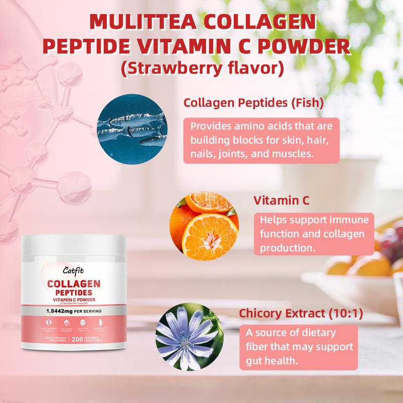 Catfit Collagen Peptides Vitamin C Powder Dietary Supplement Strawberry Flavor