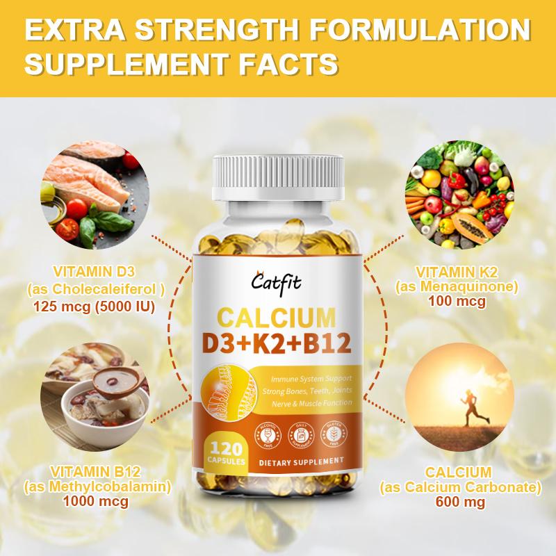 Catfit Calcium & Vitamin D3+K2+B12 Capsules Supports immune system, teeth, joints, heart health, Enhances calcium absorption & bone strength, Boosts mood, energy, & muscle function