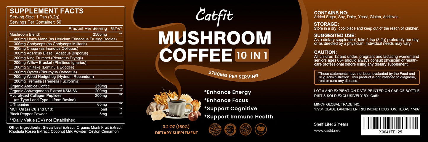 (2 Pack) Mushroom Coffee Powder, 10 Mushroom Blend- Lion's Mane, Chaga, Cordyceps, Brain Supplements with Arabica Coffee, Ashwagandha, L-Theanine for Energy, Focus, Memory and Immunity