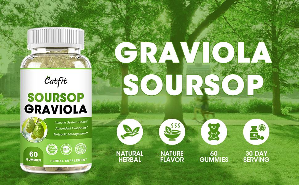 Soursop Graviola Gummies, Soursop Leaves Extract Herbs for Immune Boost, Antioxidant and Overall Health Support, Soursop Fruit, High-Absorption, Gluten Free, Vegan, 60 Gummies