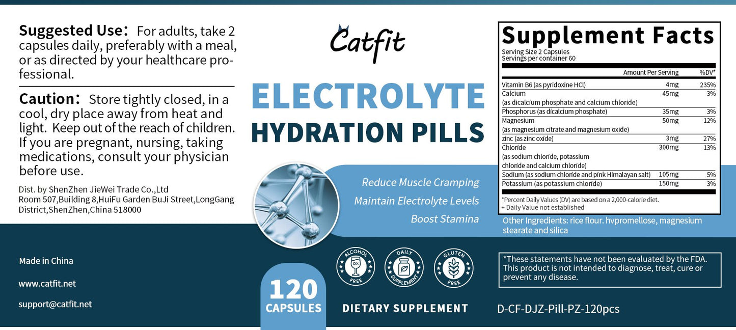 Catfit Electrolyte Hard Capsules Hydration Pills reduce heat stress, muscle cramping, maintain electrolyte levels, boost stamina, and avoid upset stomach, easy & taste-free