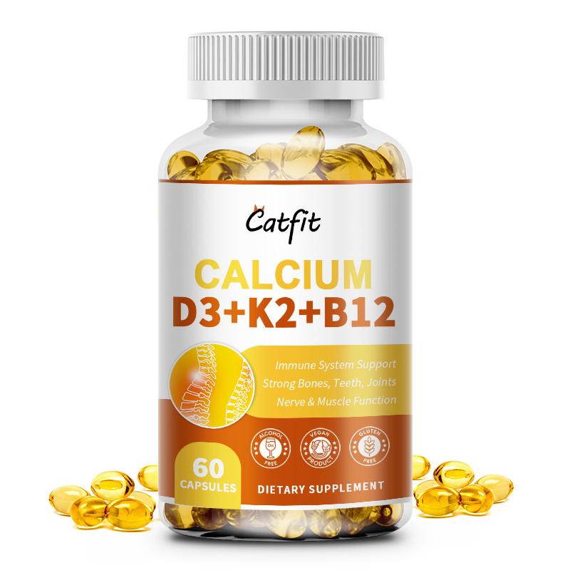 Catfit Calcium & Vitamin D3+K2+B12 Capsules Supports immune system, teeth, joints, heart health, Enhances calcium absorption & bone strength, Boosts mood, energy, & muscle function