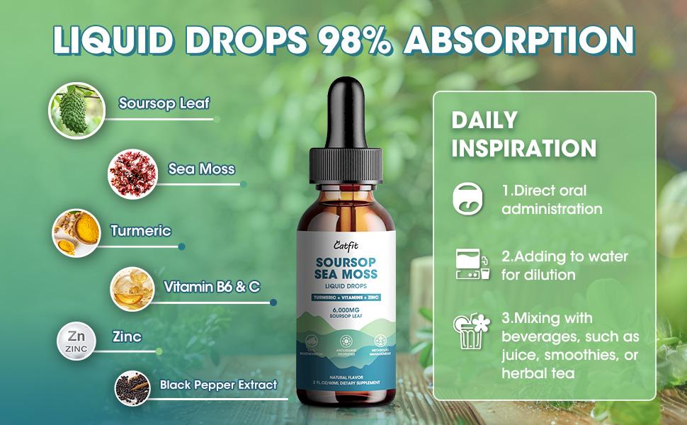 Soursop Graviola Liquid Drop, Soursop Leaves Extract with Sea Moss & Turmeric, Soursop Bitters Liquid for Cell Support & Regeneration, Liver, Relax, Immune and Antioxidant Support, 2 Fl Oz