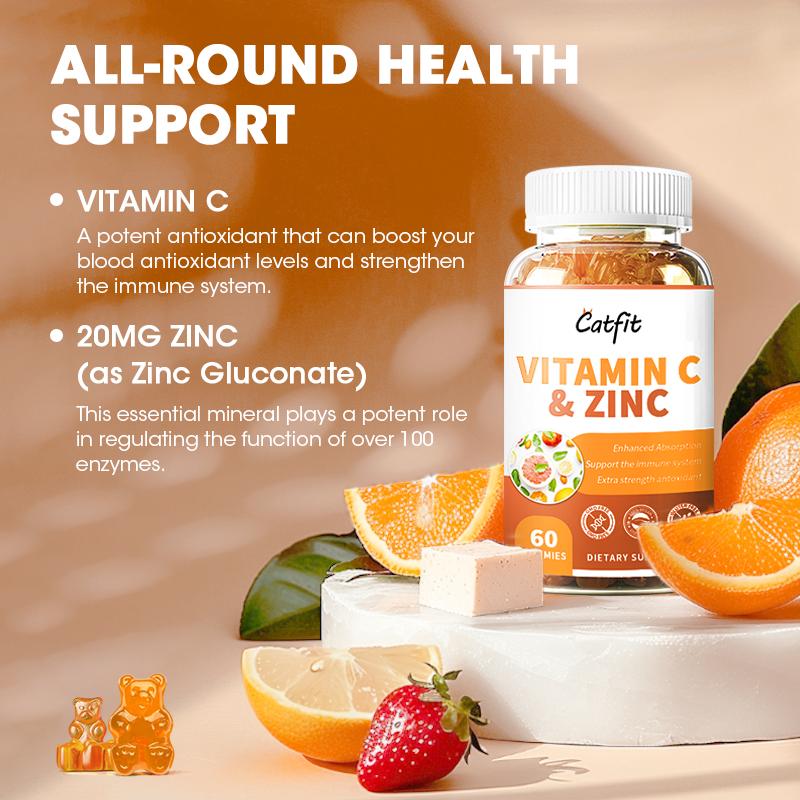 Catfit Vitamin C & Zinc Gummies for Adults & Teens - Immune Support Gummies - Immune Booster - Vegan, Gelatin Free, Gluten Free, GMO Free - Tasty Vitamin C Chewable Orange Flavored