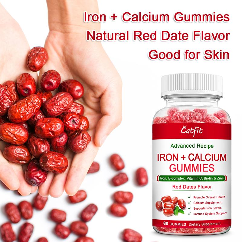 Catfit Red Date Gummies Iron Calcium Gummies Supplement with Vitamin C, A, Vitamins B Complex for Women, Kids & Adults Supports Energy