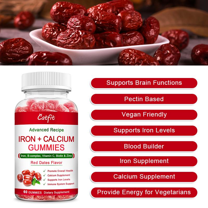 Catfit Red Date Gummies Iron Calcium Gummies Supplement with Vitamin C, A, Vitamins B Complex for Women, Kids & Adults Supports Energy